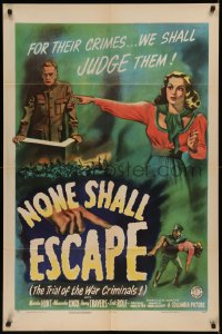 7p0786 NONE SHALL ESCAPE style A 1sh 1944 about trial of Nazi war criminals BEFORE the war had ended!
