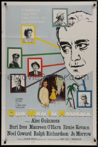 7p0800 OUR MAN IN HAVANA 1sh 1960 art of Alec Guinness, Graham Greene, directed by Carol Reed!
