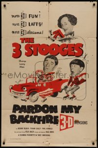7p0811 PARDON MY BACKFIRE 3D 1sh 1953 The Three Stooges, Moe, Larry & Shemp, more 3-Deleriums, rare!