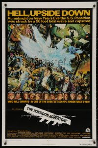 7p0825 POSEIDON ADVENTURE 1sh 1972 art of Gene Hackman & cast escaping by Mort Kunstler!