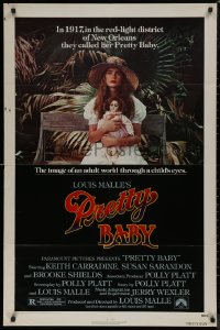 7p0829 PRETTY BABY 1sh 1978 directed by Louis Malle, young Brooke Shields sitting with doll!