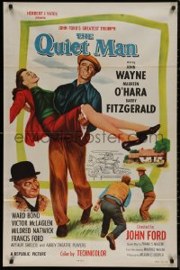 7p0835 QUIET MAN 1sh R1957 great image of John Wayne carrying Maureen O'Hara, John Ford classic!