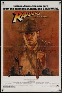 7p0839 RAIDERS OF THE LOST ARK 1sh 1981 great art of adventurer Harrison Ford by Richard Amsel