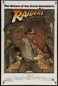 7p0840 RAIDERS OF THE LOST ARK 1sh R1980s great Richard Amsel art of adventurer Harrison Ford!