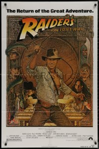 7p0841 RAIDERS OF THE LOST ARK 1sh R1982 great Richard Amsel art of adventurer Harrison Ford!