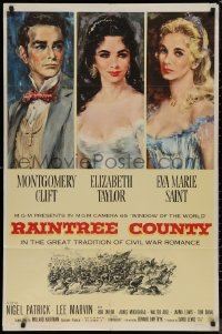 7p0842 RAINTREE COUNTY 1sh 1957 art of Montgomery Clift, Elizabeth Taylor & Eva Marie Saint!
