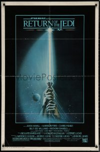 7p0848 RETURN OF THE JEDI 1sh 1983 George Lucas, art of hands holding lightsaber by Reamer!
