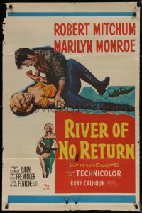 7p0856 RIVER OF NO RETURN 1sh R1961 Robert Mitchum & cowboys watch sexy Marilyn Monroe play guitar!