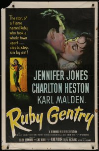 7p0865 RUBY GENTRY 1sh 1953 art of bad girl Jennifer Jones full-length & kissing Charlton Heston!