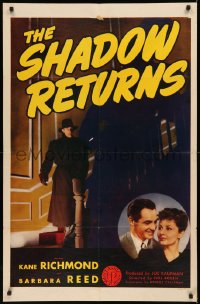 7p0873 SHADOW RETURNS 1sh R1950 great image of the masked hero throwing bad guy in warehouse fight!