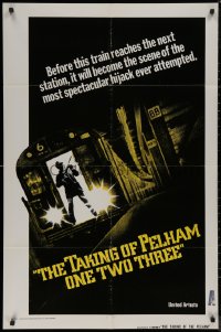 7p0918 TAKING OF PELHAM ONE TWO THREE int'l advance 1sh 1974 subway train hijacking, cool art!