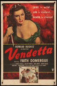 7p0971 VENDETTA style A 1sh 1950 Howard Hughes, art of sexy bad girl Faith Domergue holding knife!