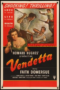 7p0972 VENDETTA style B 1sh 1950 Howard Hughes, art of sexy bad girl Faith Domergue holding knife!