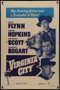 7p0975 VIRGINIA CITY 1sh R1951 art of Errol Flynn, Humphrey Bogart & Randolph Scott, + sexy Hopkins!