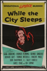 7p0994 WHILE THE CITY SLEEPS 1sh 1956 great image of Lipstick Killer's victim, Fritz Lang!