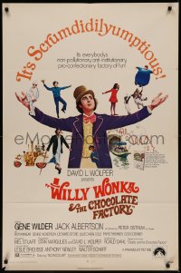 7p1004 WILLY WONKA & THE CHOCOLATE FACTORY 1sh 1971 Gene Wilder, it's scrumdidilyumptious!
