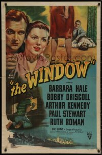 7p1005 WINDOW 1sh 1949 Bobby Driscoll is alone with terror at the window, great noir art!