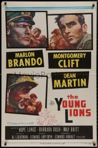 7p1011 YOUNG LIONS 1sh 1958 art of Nazi Marlon Brando, Dean Martin & Montgomery Clift!