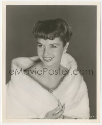 7r0149 DEBBIE REYNOLDS 8x10 still 1950s wonderful portrait with pearl earrings & wrapped in fur!