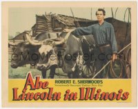 7r0833 ABE LINCOLN IN ILLINOIS LC 1940 great close up of Raymond Massey with oxen pulling wagon!