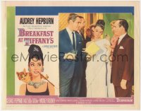 7r0606 BREAKFAST AT TIFFANY'S LC #5 1961 elegant Audrey Hepburn between Peppard & Balsam at party!