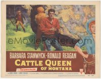 7r0969 CATTLE QUEEN OF MONTANA LC #3 1954 cool image of Barbara Stanwyck & Ronald Reagan w/gun drawn!