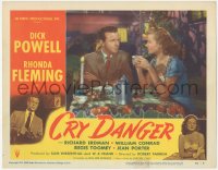 7r1001 CRY DANGER LC #5 1951 close up of Dick Powell & Rhonda Fleming having dinner in restaurant!
