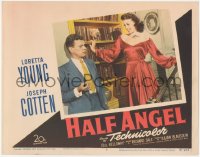 7r1130 HALF ANGEL LC #3 1951 Joseph Cotten looks uninterested in sexy Loretta Young by bookcase!