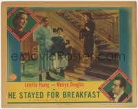 7r1140 HE STAYED FOR BREAKFAST LC 1940 Melvyn Douglas in wacky dress w/Loretta Young & Una O'Connor!
