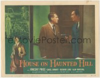 7r1164 HOUSE ON HAUNTED HILL LC #6 1959 Alan Marshal standing by door facing Vincent Price with gun!