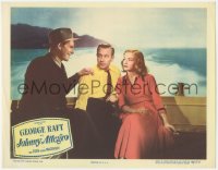 7r1193 JOHNNY ALLEGRO LC #5 1949 man smiling at George Raft & Nina Foch sitting in back of boat!
