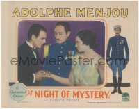 7r1308 NIGHT OF MYSTERY LC 1928 Adolphe Menjou between Nora Lane & William Collier Jr, rare!