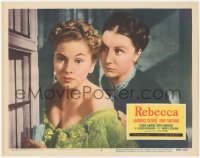 7r1385 REBECCA LC #4 R1956 Alfred Hitchcock, c/u of Joan Fontaine & Judith Anderson eavesdropping!