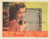 7r1487 THELMA JORDON LC #4 1950 super close up of scared Barbara Stanwyck opening safe!