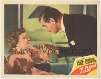 7r1513 TO PLEASE A LADY LC #2 1950 c/u of Clark Gable about to kiss Barbara Stanwyck's hand!