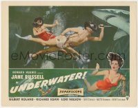 7r1542 UNDERWATER LC 1955 Howard Hughes, skin diver Jane Russell & Richard Egan with shark!