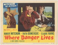 7r1562 WHERE DANGER LIVES LC #7 1950 driver Robert Mitchum looks at Faith Domergue screaming!