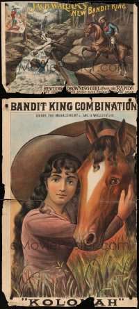 7s0103 LOT OF 2 FORMERLY FOLDED BANDIT KING 27X40 STAGE POSTERS 1890s cool stone litho artwork!