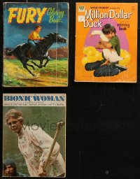 7s0578 LOT OF 3 COLORING BOOKS 1958-1976 Fury, Disney's Million Dollar Duck, Bionic Woman!