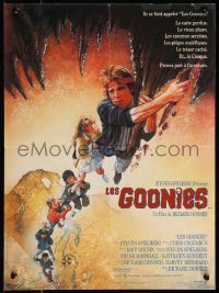 7t0324 GOONIES French 15x20 1985 cool Drew Struzan art of top cast hanging from stalactite!