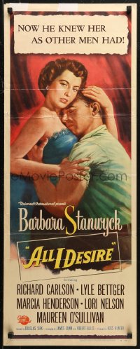 7t0504 ALL I DESIRE insert 1953 close up art of Richard Carlson & Barbara Stanwyck embracing!