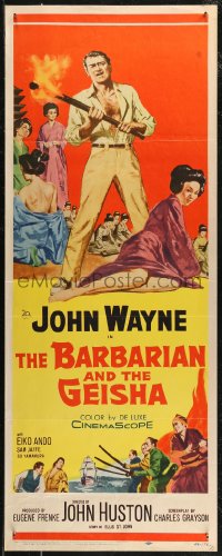 7t0509 BARBARIAN & THE GEISHA insert 1958 John Huston, art of John Wayne with torch & Eiko Ando!