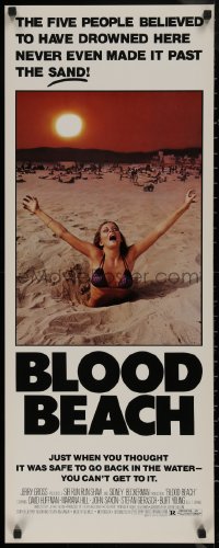 7t0514 BLOOD BEACH insert 1981 Jaws parody tagline, image of sexy girl in bikini sinking in sand!