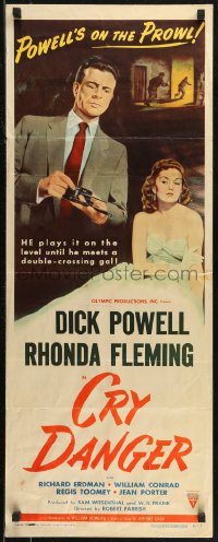 7t0530 CRY DANGER insert 1951 great film noir art of Dick Powell loading gun + sexy Rhonda Fleming!