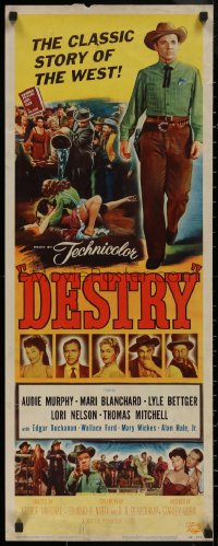 7t0535 DESTRY insert 1954 Audie Murphy, western, wild artwork of showgirl starting a fight!