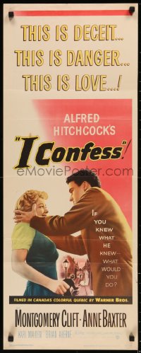 7t0567 I CONFESS insert 1953 Alfred Hitchcock, art of Montgomery Clift shaking Anne Baxter!