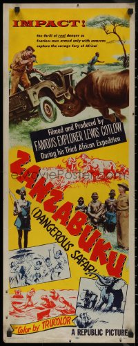 7t0665 ZANZABUKU insert 1956 Dangerous Safari in savage Africa, art of rhino ramming jeep!