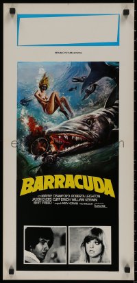 7t0870 BARRACUDA Italian locandina 1978 artwork of huge killer fish attacking sexy diver in bikini!