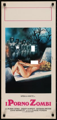 7t1048 PORNO ZOMBIES Italian locandina 1980 wacky art of zombies & sexy naked girl on grave!