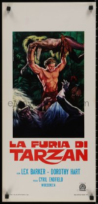 7t1094 TARZAN'S SAVAGE FURY Italian locandina R1970s Piovano art of Barker vs natives, Burroughs!
